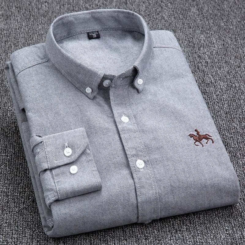 Pure cotton men's long-sleeved Oxford shirt for young and middle-aged men embroidered large size