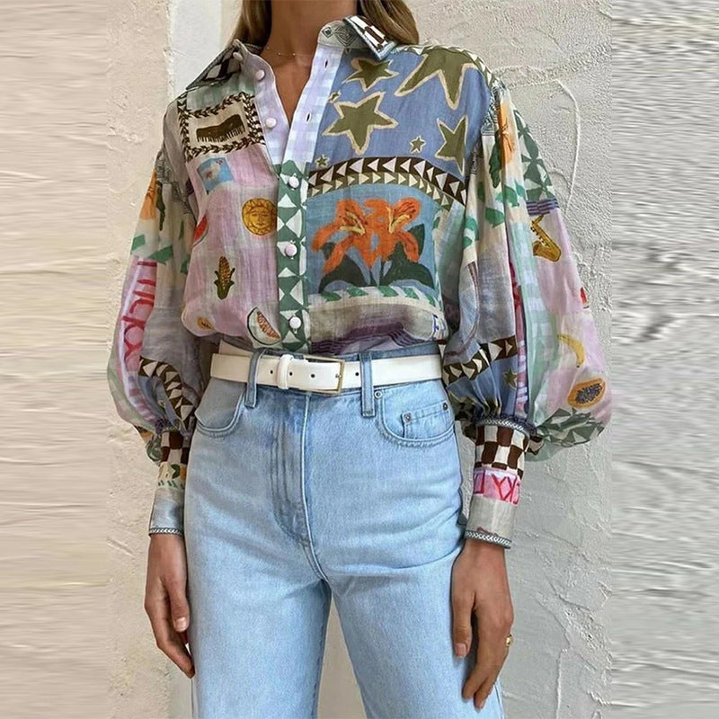 Notched Collar Long Sleeve Printed Casual Fashion Blouse for Women