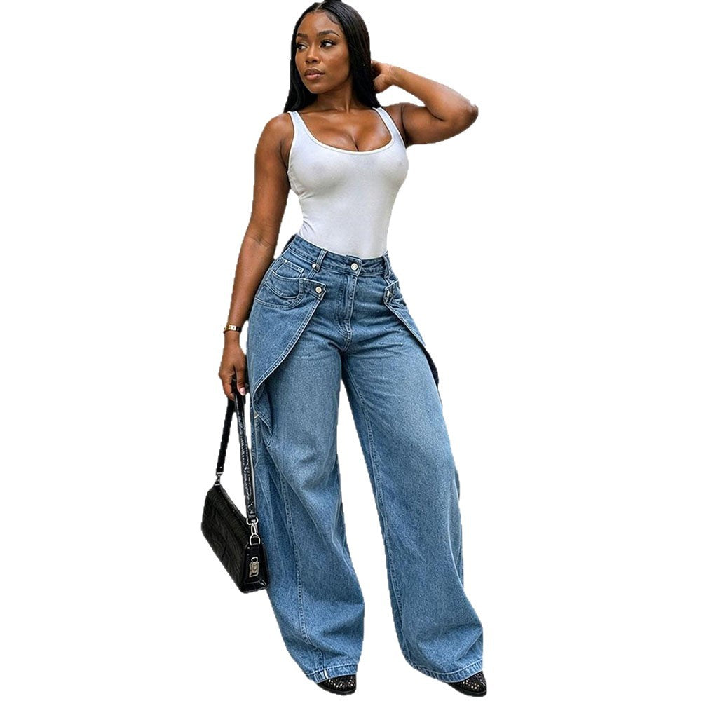 Women's Casual Denim Pants Street Fashion Asymmetrical Button Design Straight Leg