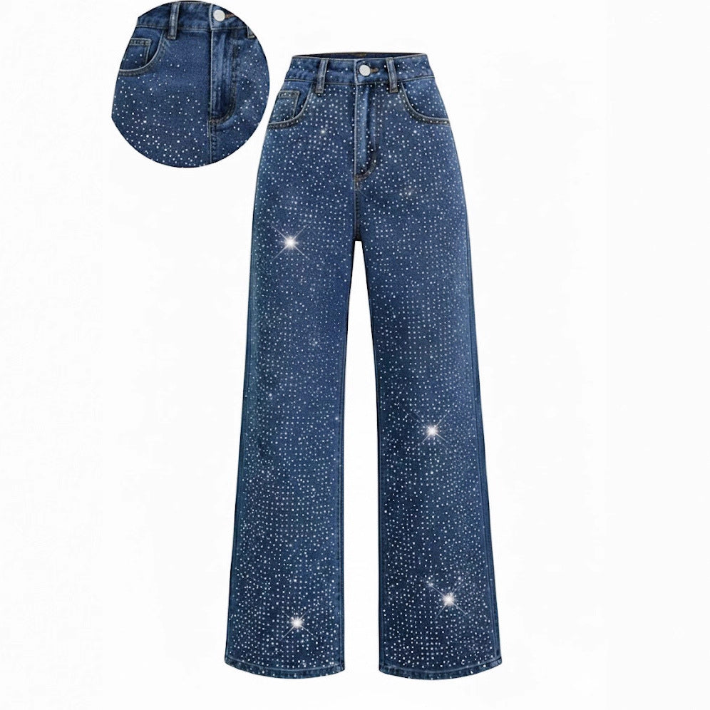 Crisp denim jeans, fashion rhinestone embellished high waist loose casual straight leg jeans