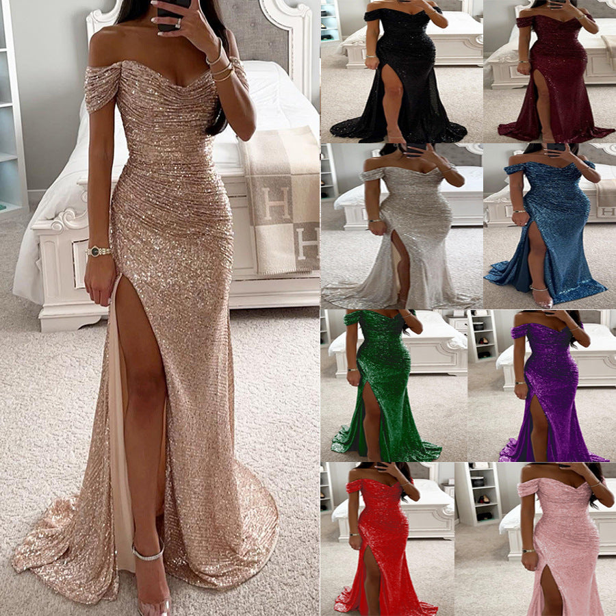 Shiny Sequin One-Shoulder Split Dress, Casual Fashion Dress for Women