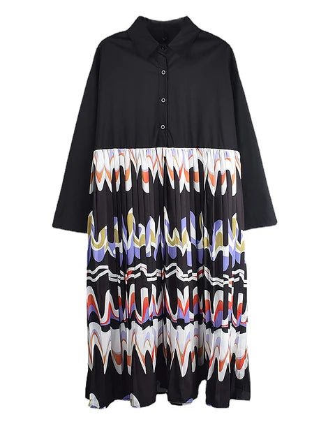 Casual Long Sleeve Shirt Dress Fashion Loose Contrast Color Print Big Hem  Initial Autumn New Women Dress