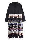 Casual Long Sleeve Shirt Dress Fashion Loose Contrast Color Print Big Hem  Initial Autumn New Women Dress