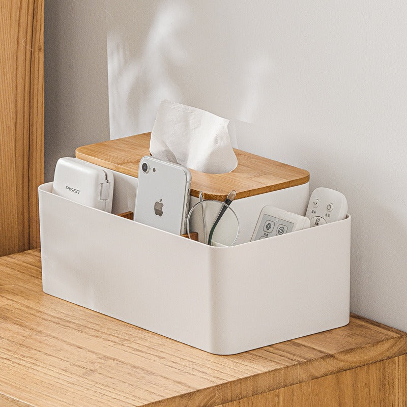 Elevated Extractable Tissue Box Living Room Bamboo Separated Multifunctional Desktop Organizer Remote Control Organizer