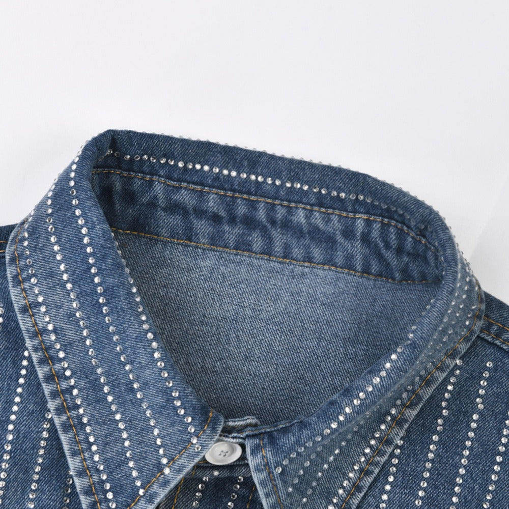 Full Sleeve Denim Shirt Fashion Striped Rhinestone Loose Casual Long Female Blue Jean Tops