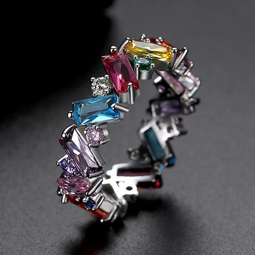 Diamond Geometry Zircon Ring, European and American Fashion Colored Zircon Rainbow Women's Ring Ring