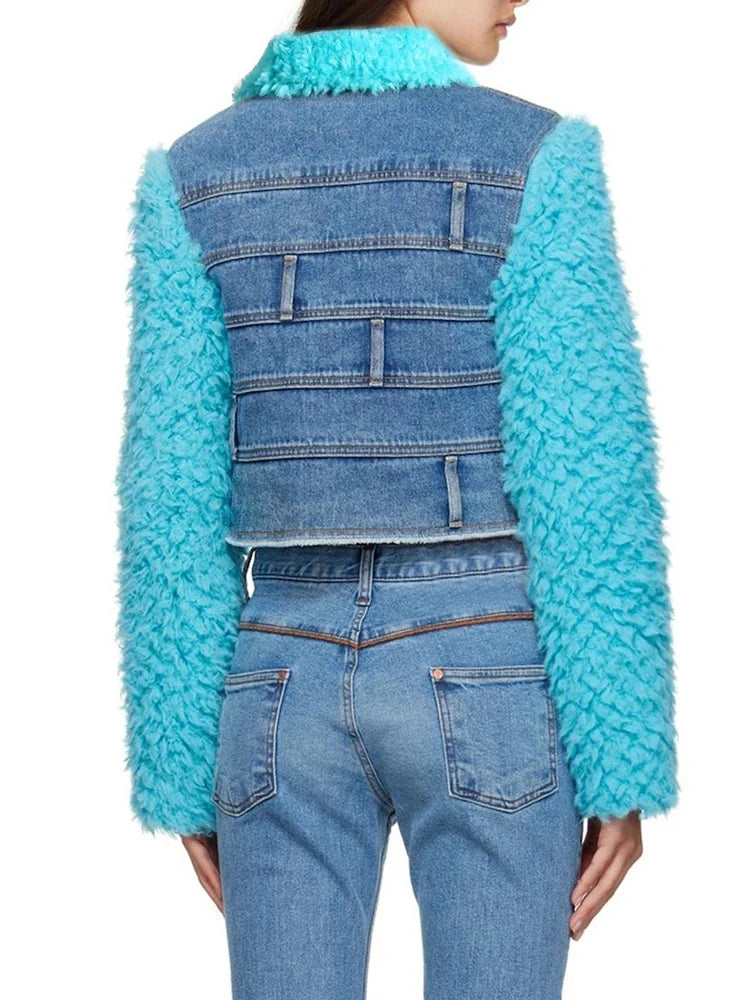 Casual Denim Coats For Women Lapel Long Sleeve Spliced Belt Colorblock Loose Coat Female Fashion style
