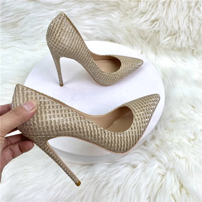 Plaid Glitter Gold Sequined Women Pointy Toe High Heels Classic Wedding Party Shoes Shiny Bling Slip On Stiletto Pumps
