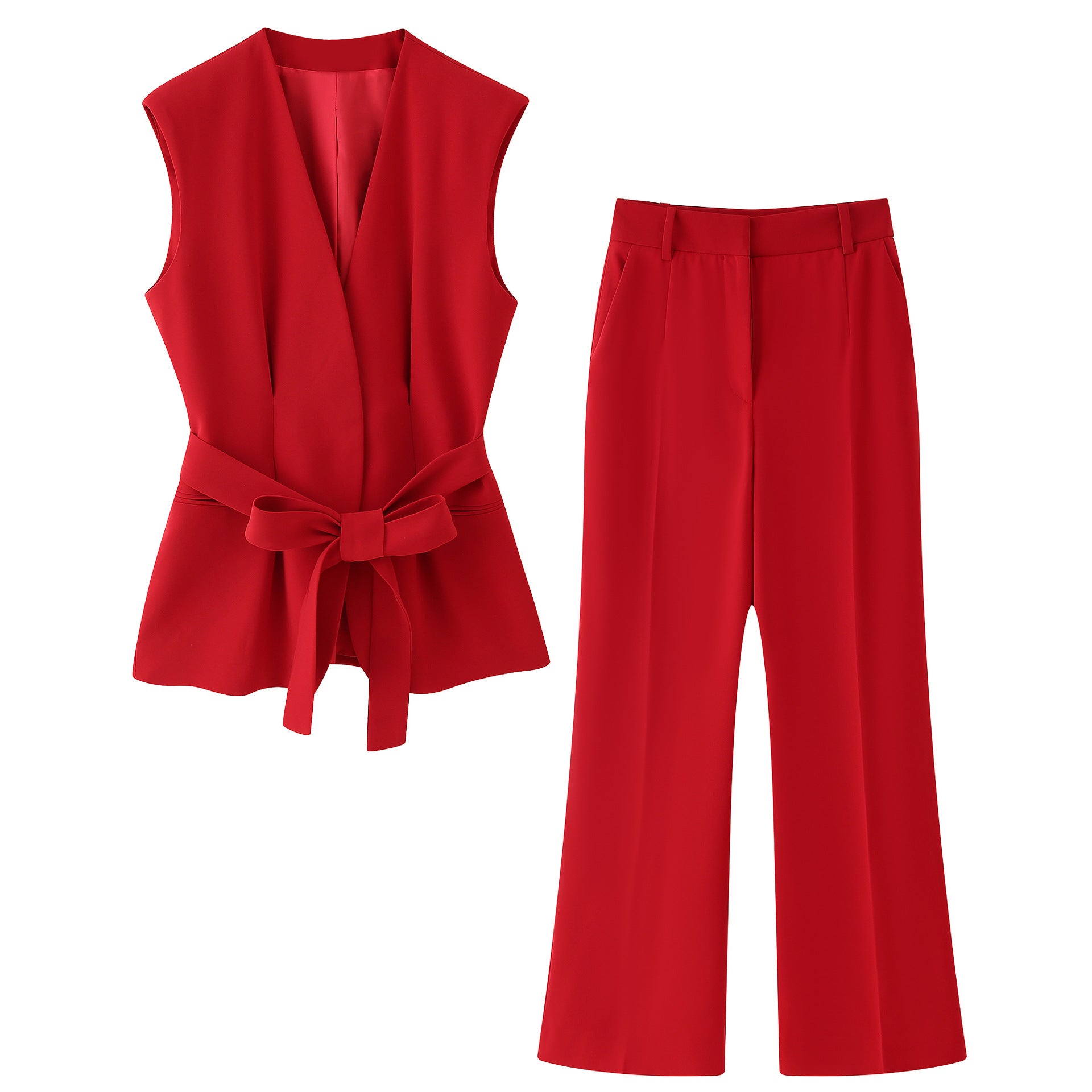 Women's Fashion Casual Belted Vest + Flare Trousers Set