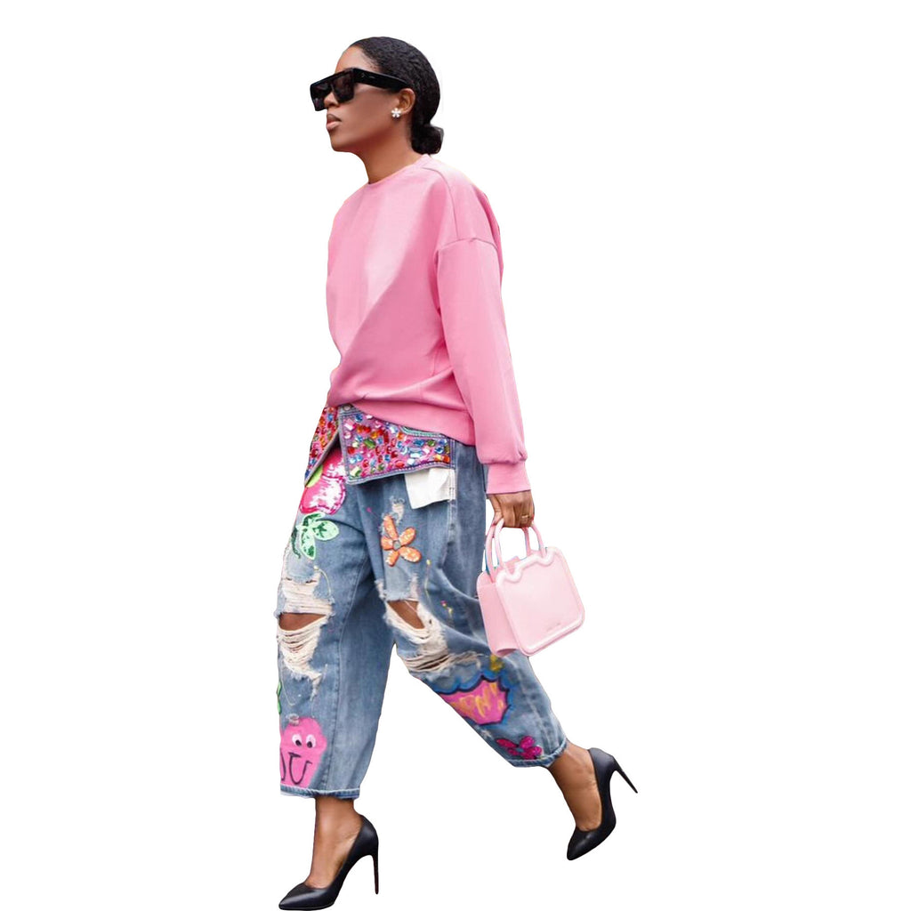 Fashion Denim Jeans with Rhinestone Embellishment and Cut-Out Design Printed Pattern, Casual Wear