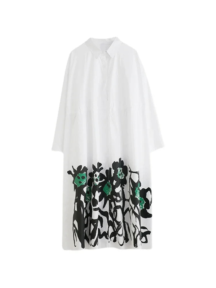 Pleated Print Casual Dress Women Korea Autumn New Arrival Personality Fashion Loose Turn-down Collar Dress