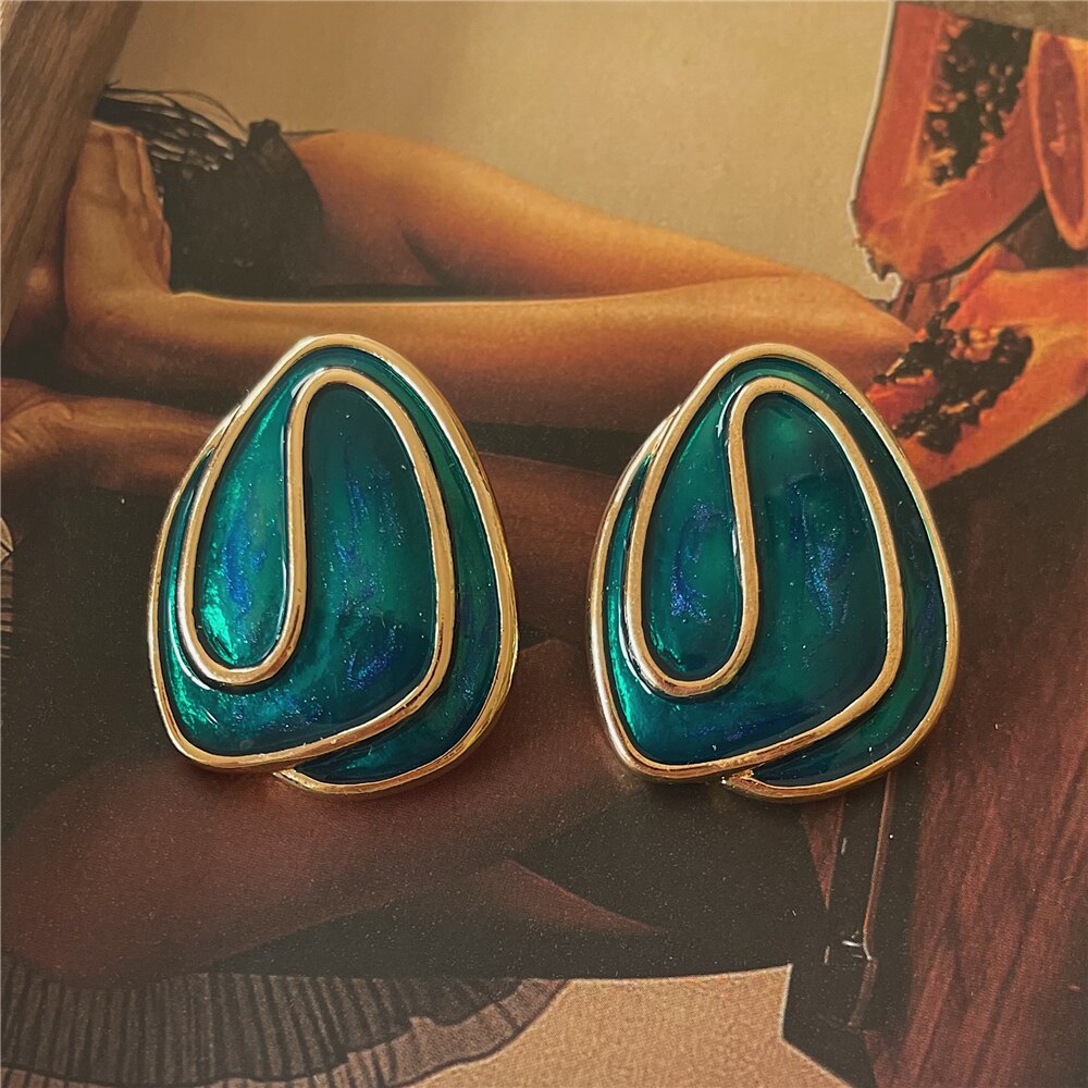 S925 Vintage Enamel Imitation Pearl Geometric Flower Irregular Drop Glaze Stud Earrings for Women Girls Party Travel Jewerly