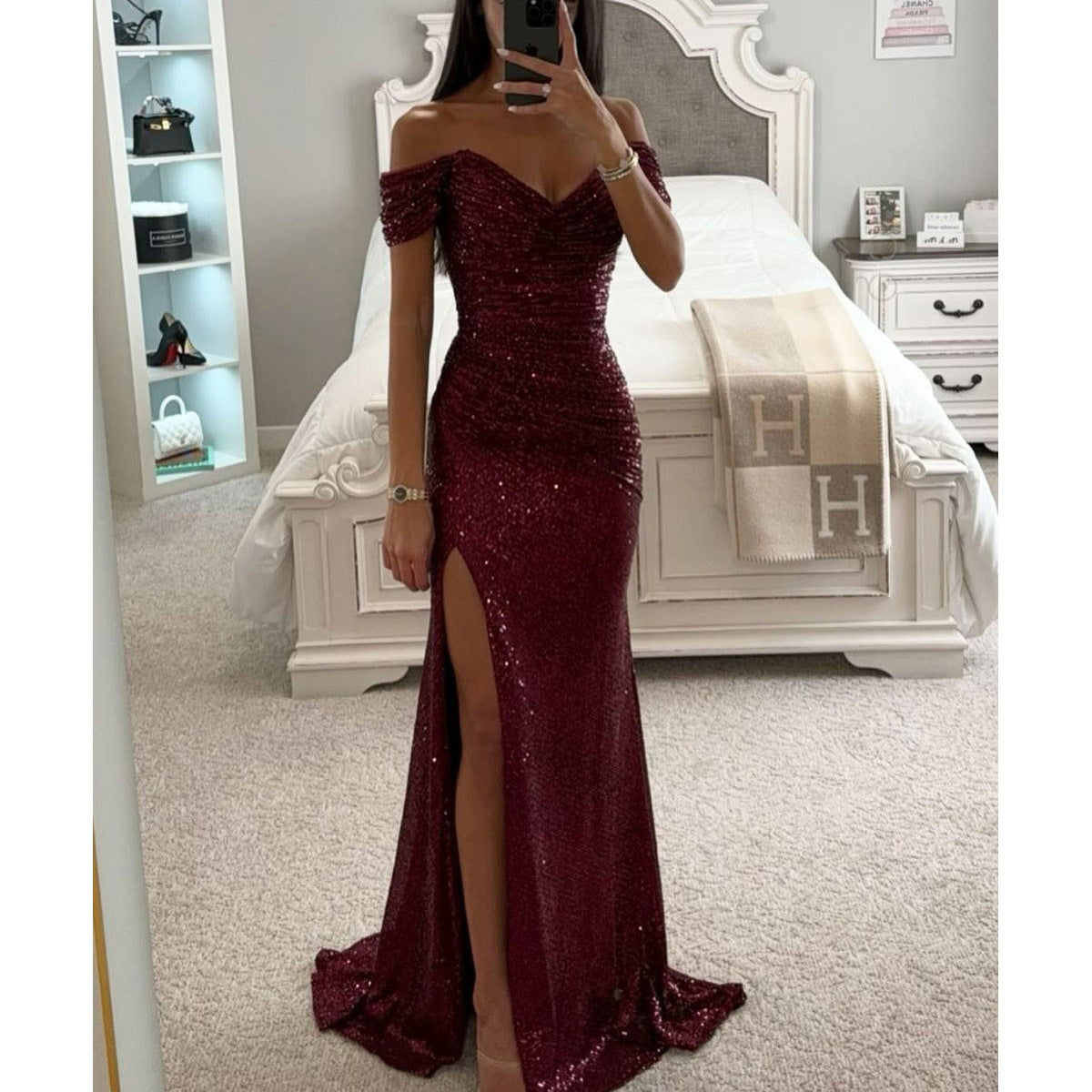 Party Sequin One-Shoulder Slit Dress INS Casual Fashion Dress for Women