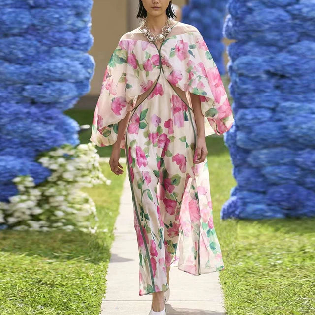 Hit Color Floral Printing Loose Casual Dress For Women V Neck Long Sleeve High Waist Split Loose Dresses Female Fashion New