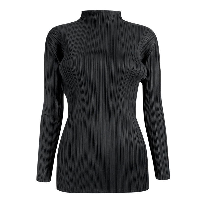 Simple classic style pleated women's long-sleeved tops women's spring stand-up collar long-sleeved tops T-shirt