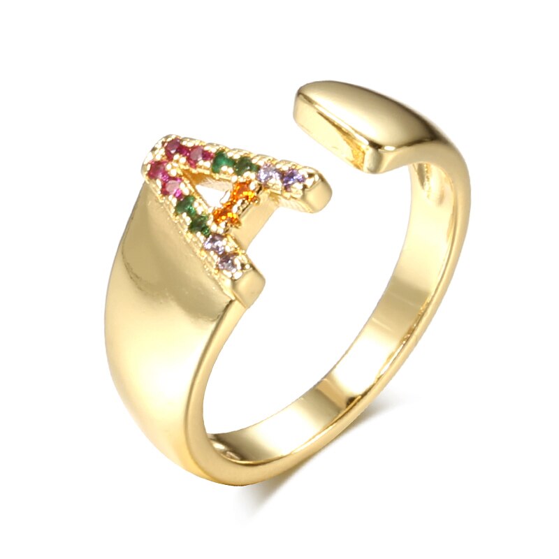 Adjustable A-Z Initial Ring Bohemian Copper Zircon Rainbow Letter Ring
