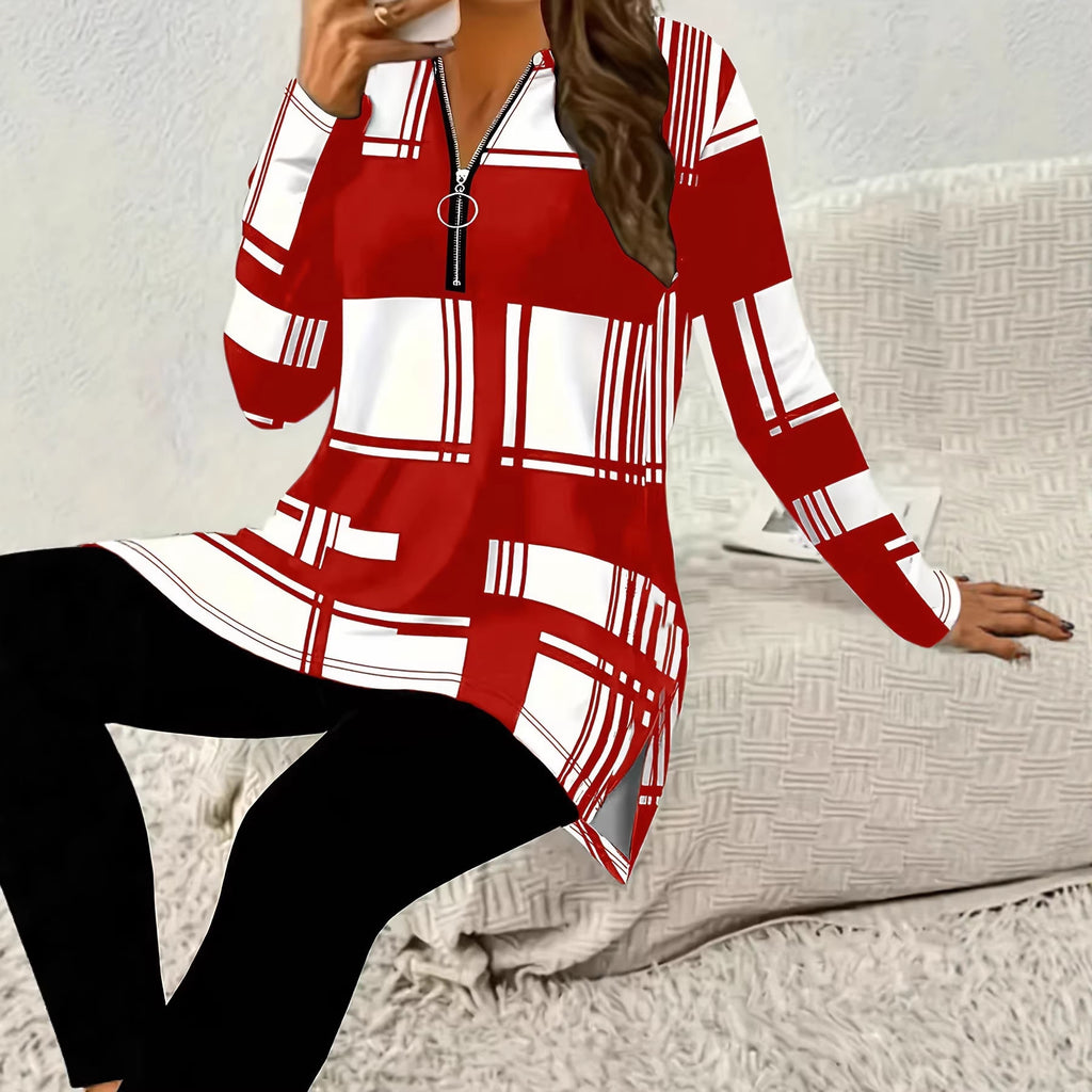 Elegant Women's Long Sleeve Zipper Shirt with Digital Print Casual Fashion