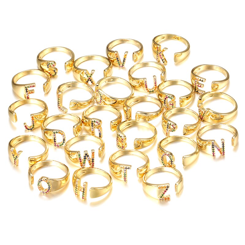 Adjustable A-Z Initial Ring Bohemian Copper Zircon Rainbow Letter Ring
