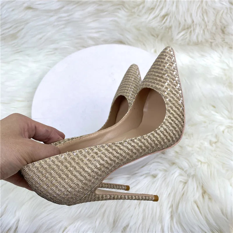 Plaid Glitter Gold Sequined Women Pointy Toe High Heels Classic Wedding Party Shoes Shiny Bling Slip On Stiletto Pumps