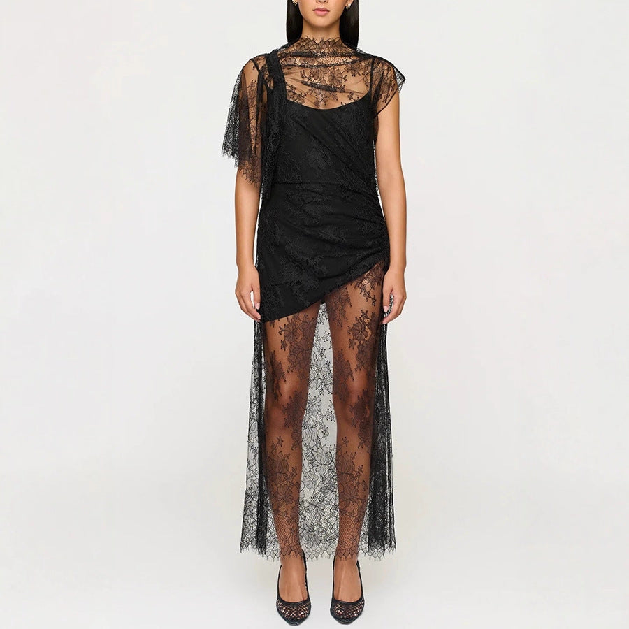 Elegant Lace Spliced Stretch Dress for Women  Casual Fashion Party Dress with Elastic Design