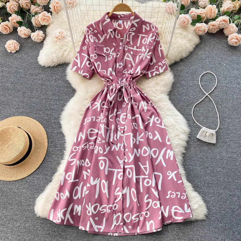 Summer Dress Women Single Breasted Lapel Short Sleeve High Waist Midi Long Dress Letter Print Fashion Casual Dresses Female