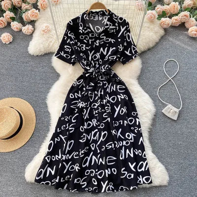 Summer Dress Women Single Breasted Lapel Short Sleeve High Waist Midi Long Dress Letter Print Fashion Casual Dresses Female
