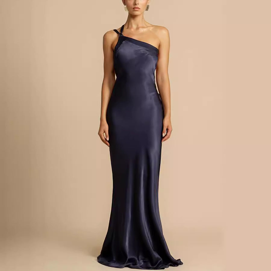 Chic Asymmetrical Shoulder Fitted Dress for Women, Casual Fashion Satin DressSummer Party Dress