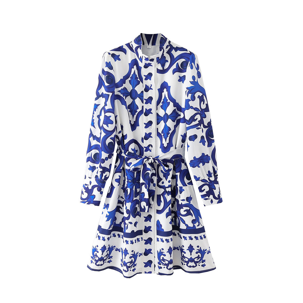 New Women's Fashion Casual Long-Sleeved Blue Positioning Dress