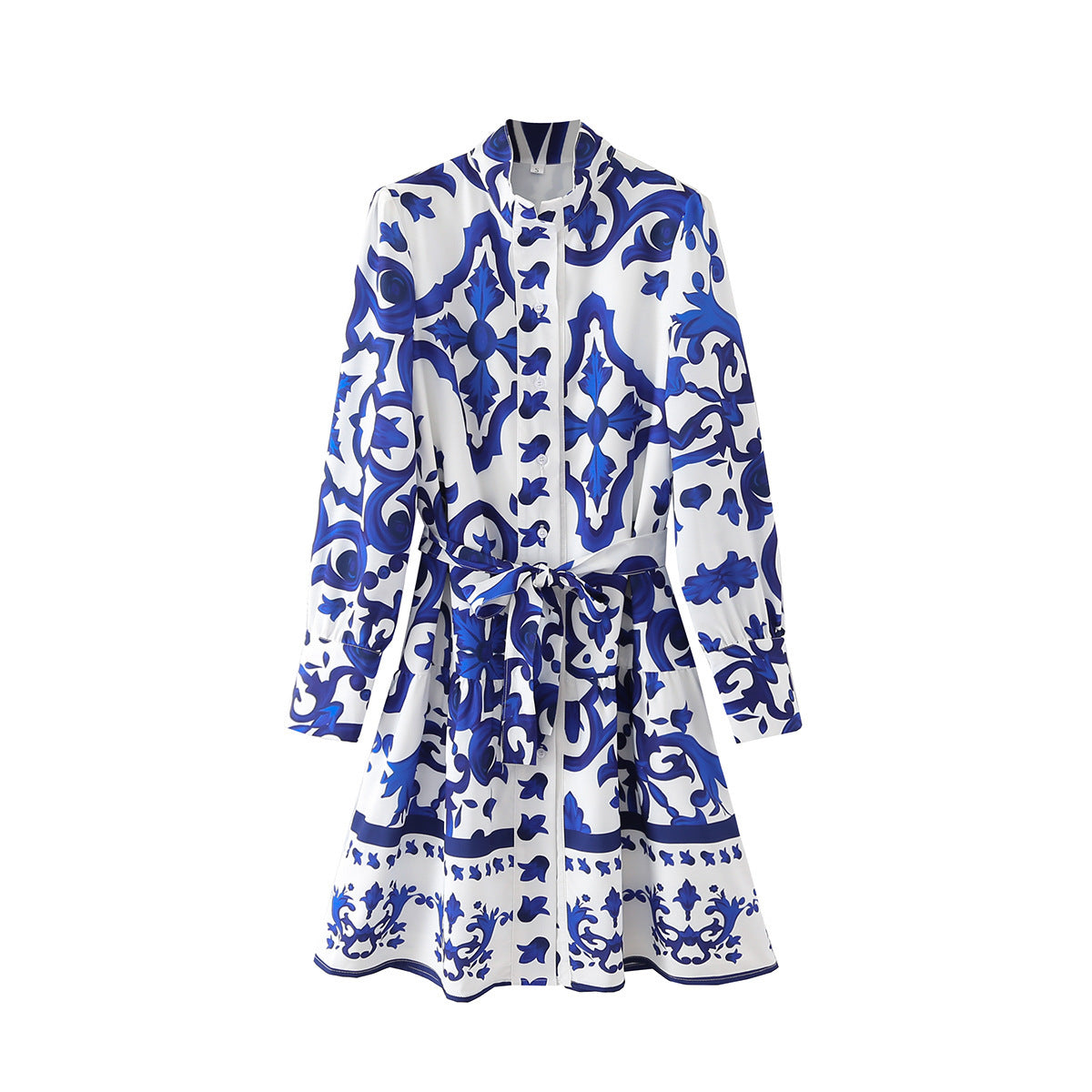 New Women's Fashion Casual Long-Sleeved Blue Positioning Dress