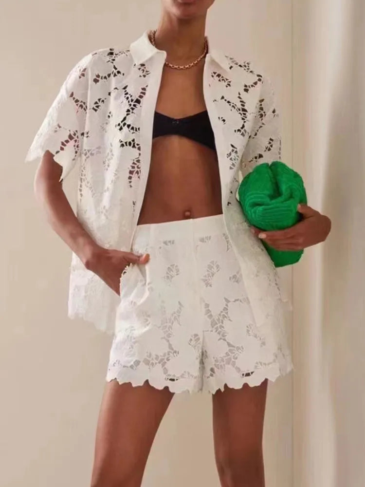 Lace embroidered lapel shirt top casual shorts fashion