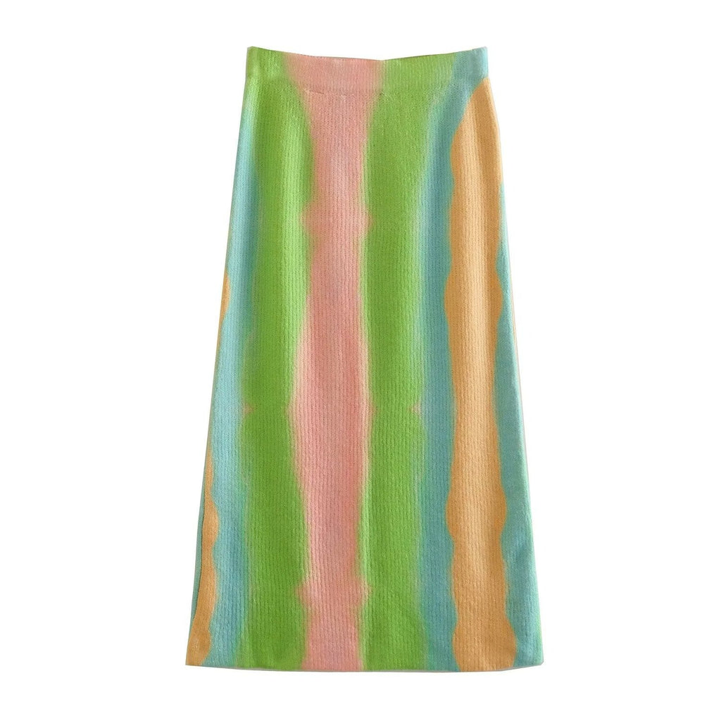 Women Fashion Rainbow Striped Knitting Straight Skirt