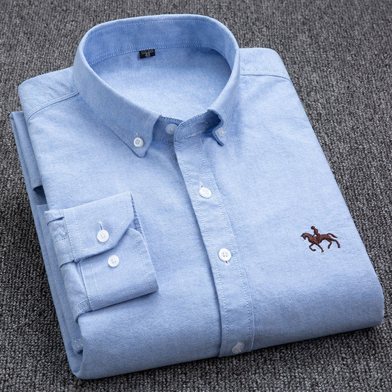 Pure cotton men's long-sleeved Oxford shirt for young and middle-aged men embroidered large size
