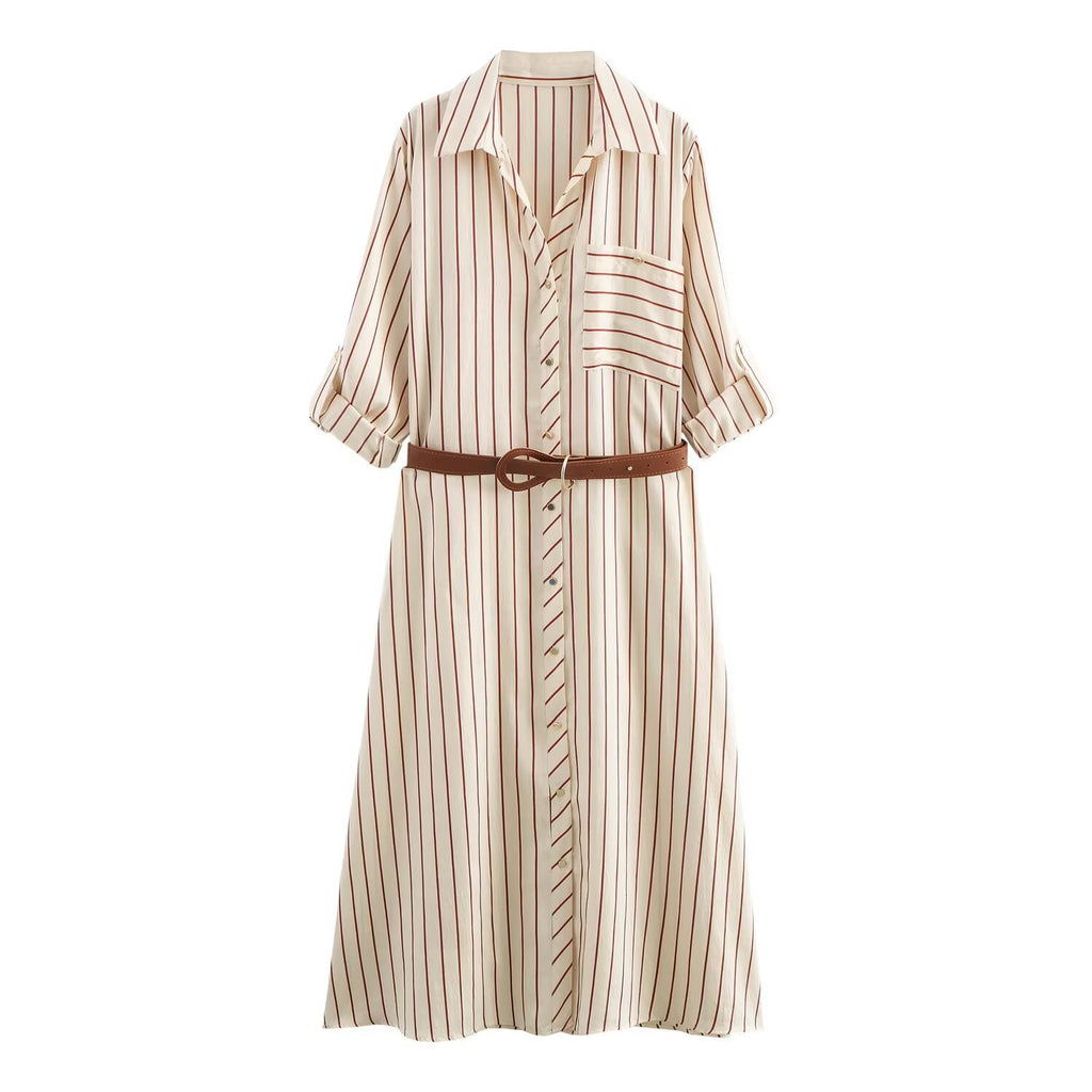 New Fashion Belt Striped Printed Dress