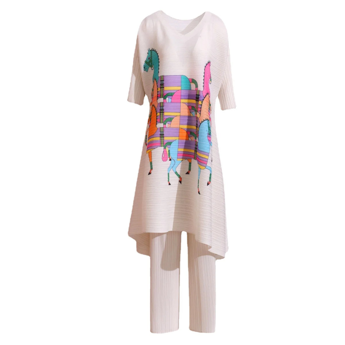 Fashion Suit Women's Summer New Casual Two-Piece Suit Miyake High-End Pleated Fashion Printed Plus Size Women's Clothing