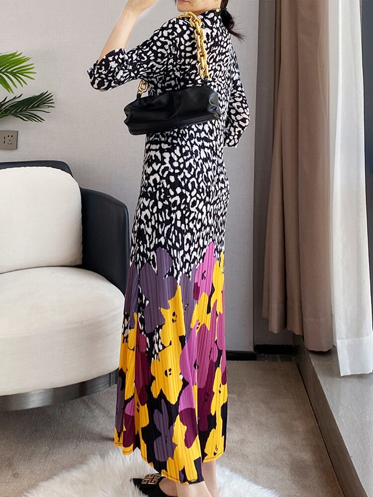 Spring New Dress For Women Pleated Patchwork Leopard And Print Flowers Luxury Casual Three Quarter Fashion