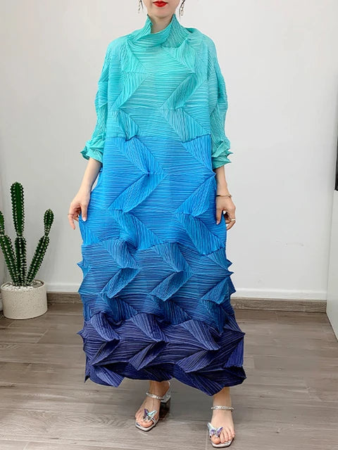 Pleated Gradient Long Dress Women Fashion Turtleneck Contrast Color Loose Dresses Casual
