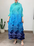 Pleated Gradient Long Dress Women Fashion Turtleneck Contrast Color Loose Dresses Casual