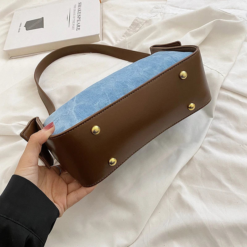 Fashion Women Pu Leather Handbag Large Capacity Denim Shoulder Bags For Women Casual Zipper Clutch Phone Sac Crossbody Bags