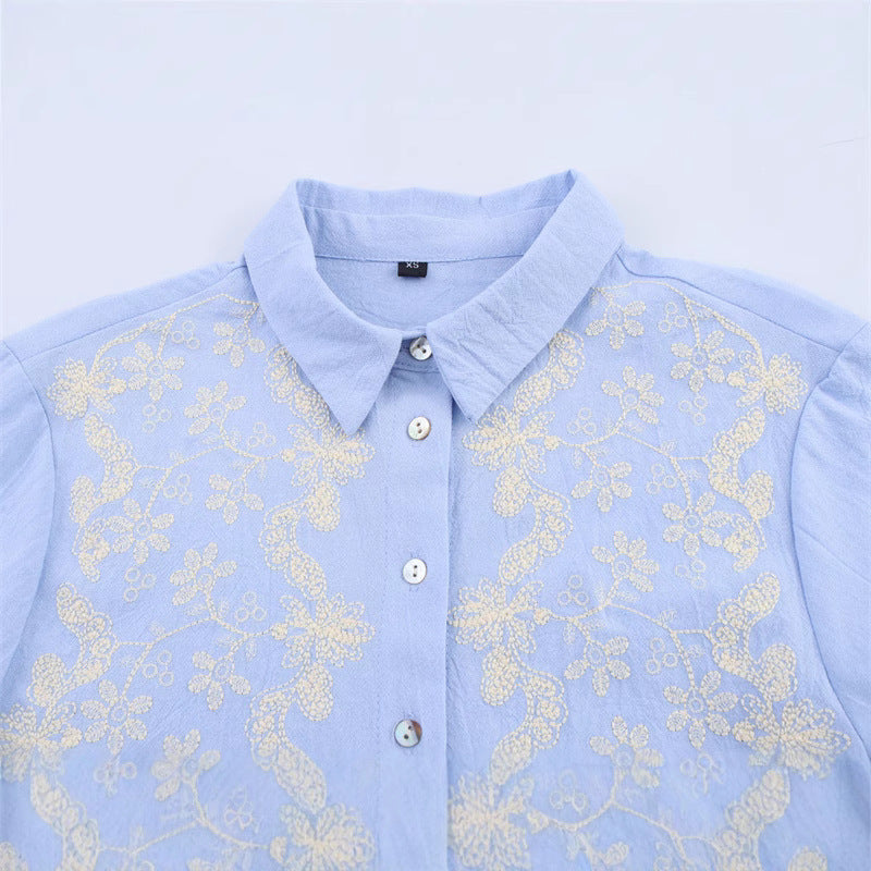 Style Women's Fashion Casual Collar Embroidered Short Sleeve Crop Shirt