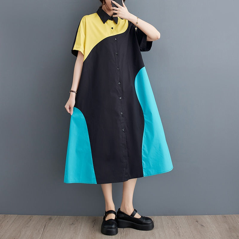 Casual Shirt Dress Loose Fashion Contrast Color Short Sleeve