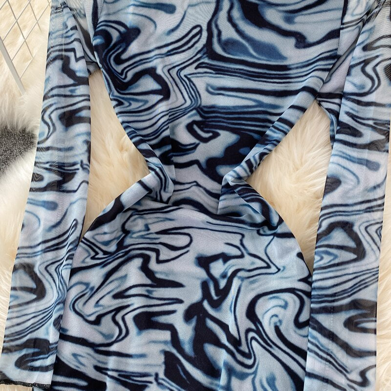 Spring Fashion Striped Print Bodycon Mini Dress Women Fashion Streetwear Casual O-neck Long Sleeve Slim Mesh Club Dresses