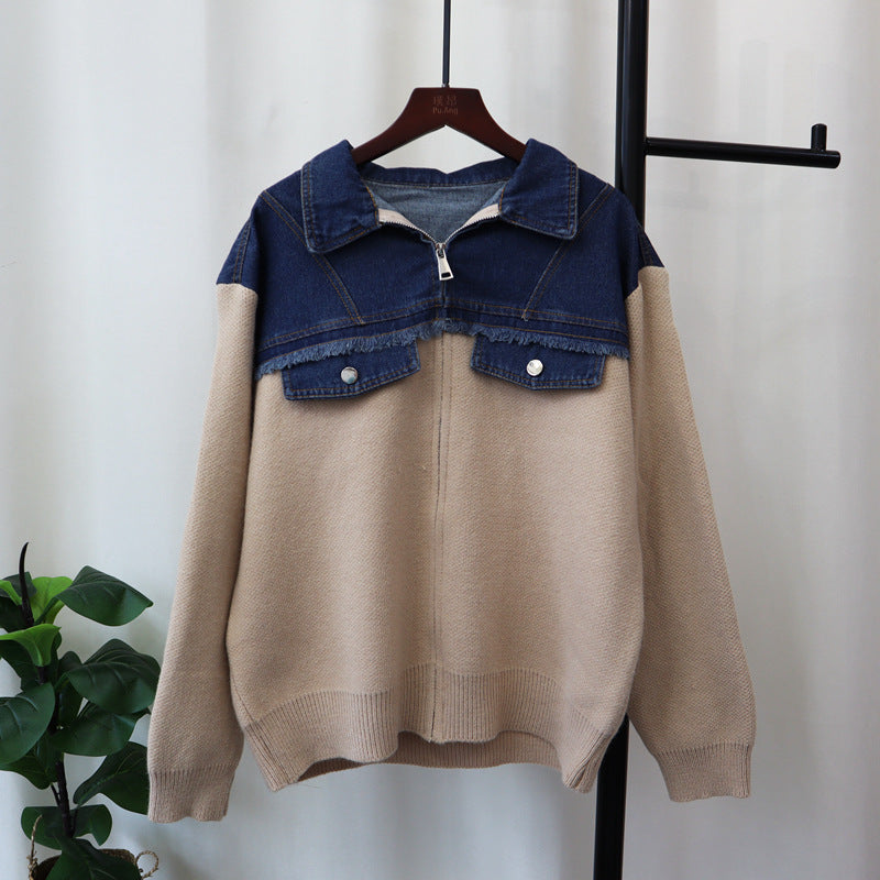 Splicing denim knit cardigan, loose casual versatile zipper sweater jacket, women's fashion