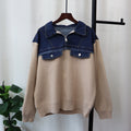 Splicing denim knit cardigan, loose casual versatile zipper sweater jacket, women's fashion