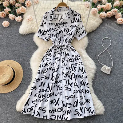 Summer Dress Women Single Breasted Lapel Short Sleeve High Waist Midi Long Dress Letter Print Fashion Casual Dresses Female