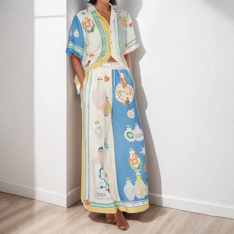 Fashionable and personalized short sleeved color blocked vacation fashion casual suit