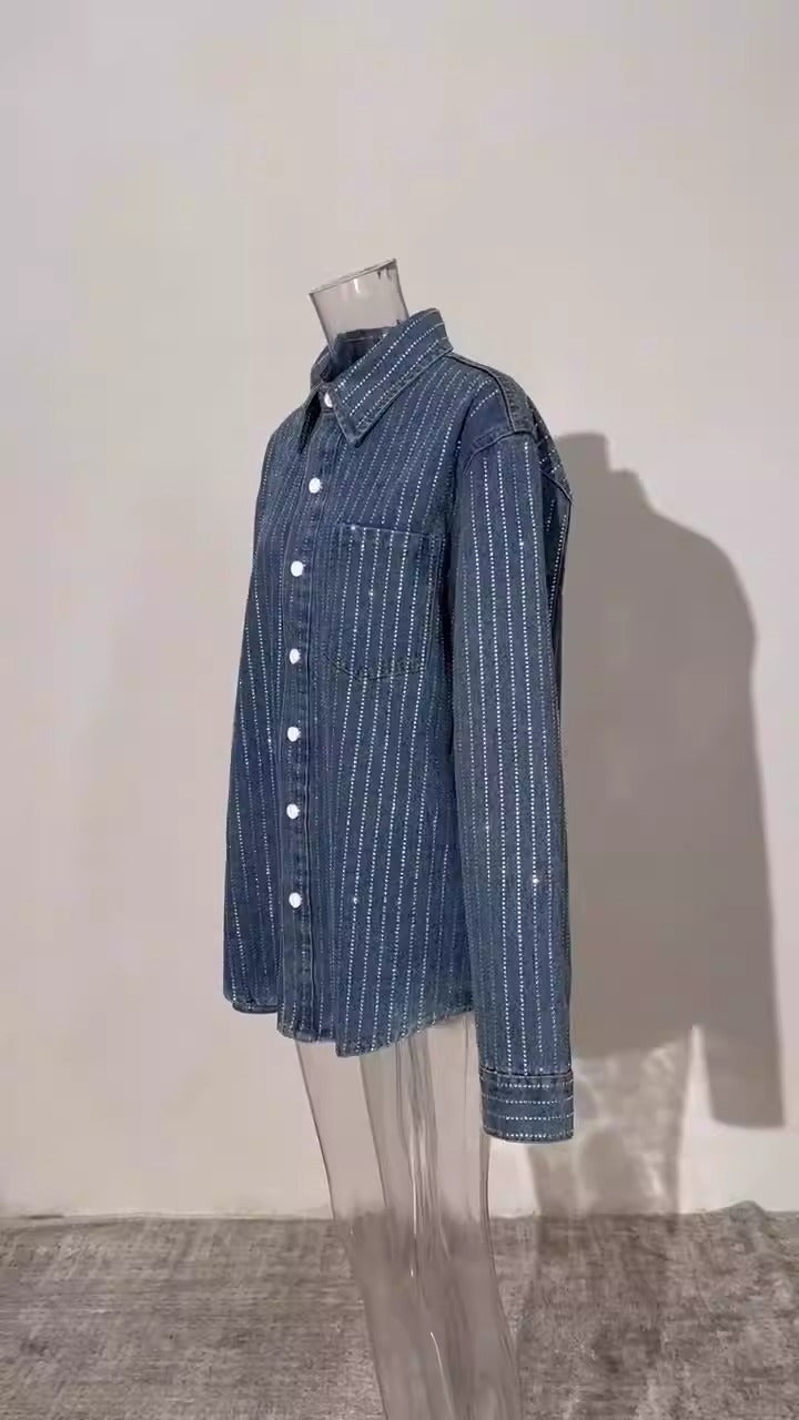 Full Sleeve Denim Shirt Fashion Striped Rhinestone Loose Casual Long Female Blue Jean Tops