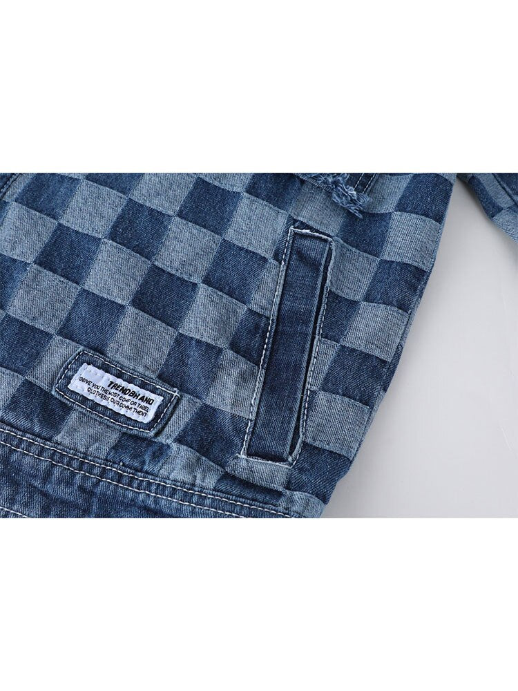 Women's Plaid Patchwork Jean Jacket Vintage BF Style Y2K Harajuku Single Breasted Fashion Casual Streetwear Hip Hop Denim Coats