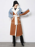TWOTWINSTYLE Lace Up Patchwork Denim Lambswool Jacket For Women Lapel Long Sleeve Hit Color Casual Jackets Female Fashion Winter