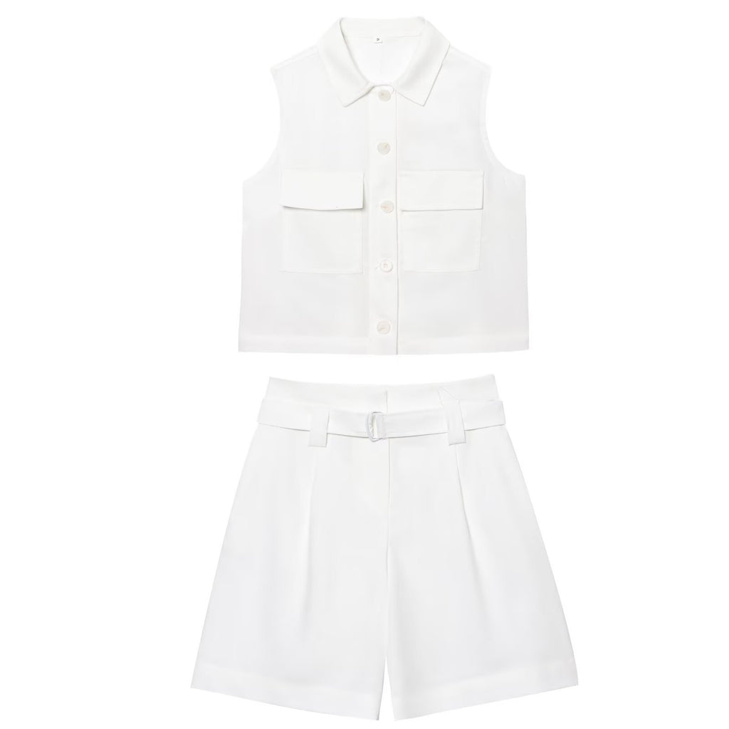 Women's Fashion Patch Pocket Vest + Belted Casual Shorts