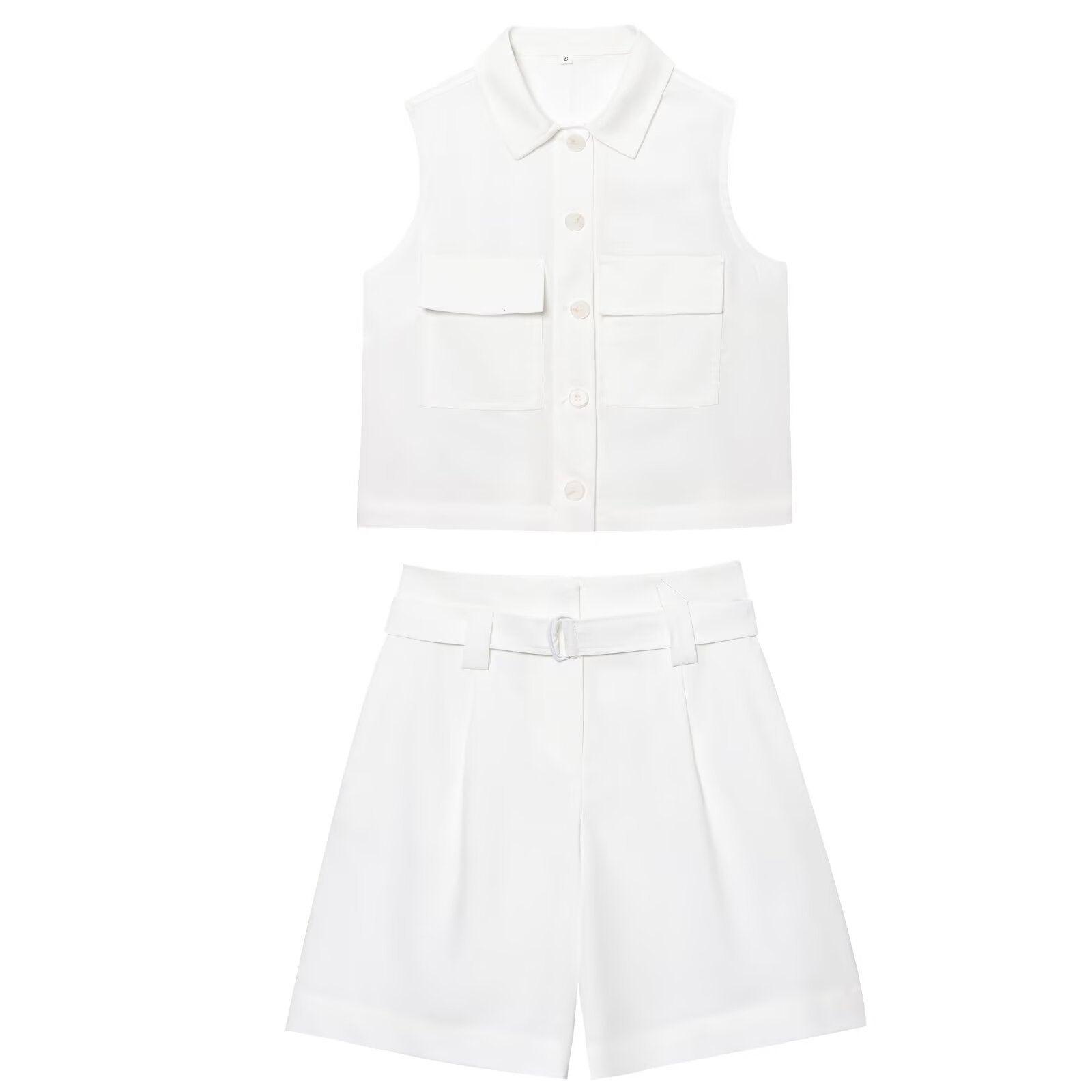Women's Fashion Patch Pocket Vest + Belted Casual Shorts